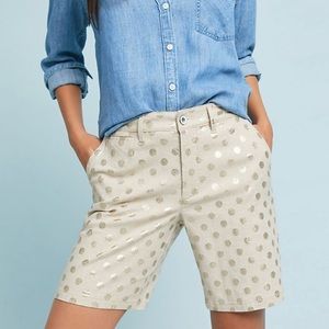 Anthropologie khaki shorts with gold metalic polka dots size 27